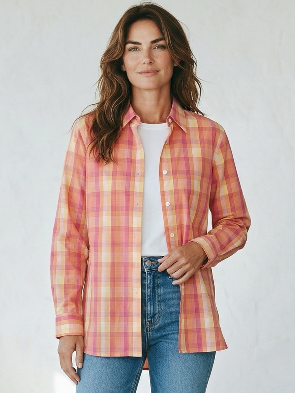 Foxcroft - Sz 8 - Pink and Yellow Plaid Button-Down Shirt - wrinkle free